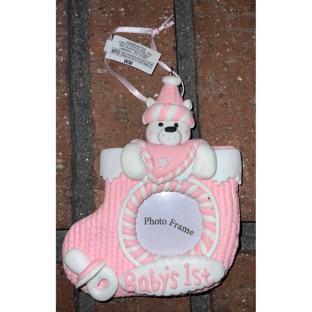 Baby's 1st Christmas Pink Christmas‎ Holiday Stocking Ornament Photo Frame